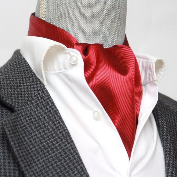 Men's Silk Cravat Ascot Red Black ornament‎ Reversible Silk Ascot A157 - Picture 5 of 8